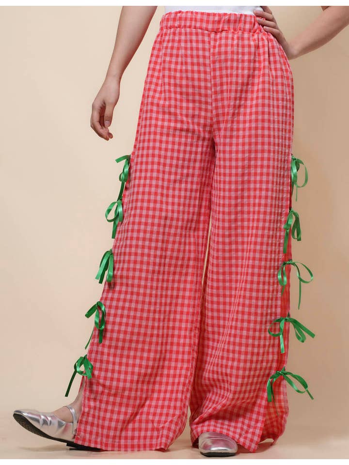 Sweetkama – Großhandel Hose – Damen – Damen Karierte Hose mit Seitenschlitz und Schleife SKP4109412