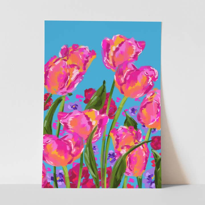 Summer Pink Tulips, Art Print, Colourful Art, Funky Decor for wholesale by Georgie King Designs