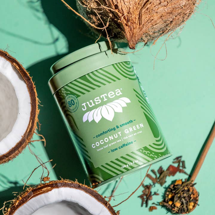 JusTea (No Import Fees to USA) - Wholesale Loose Tea - Coconut Green Tin & Spoon - Organic, Fair-Trade, Green Tea6