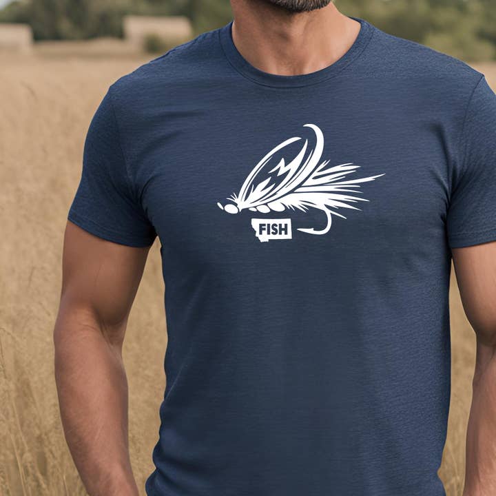 MEN'S FLY FISH MONTANA TEE -HEATHER NAVY for wholesale by Back Road Designs