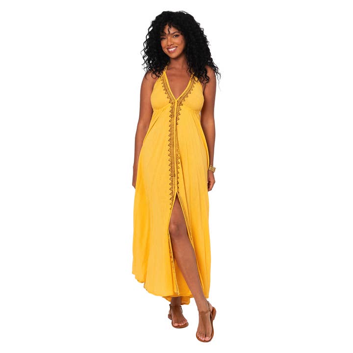 LONG YELLOW BACKLESS SUMMER DRESS MBM3001C for wholesale by La Mano Boho