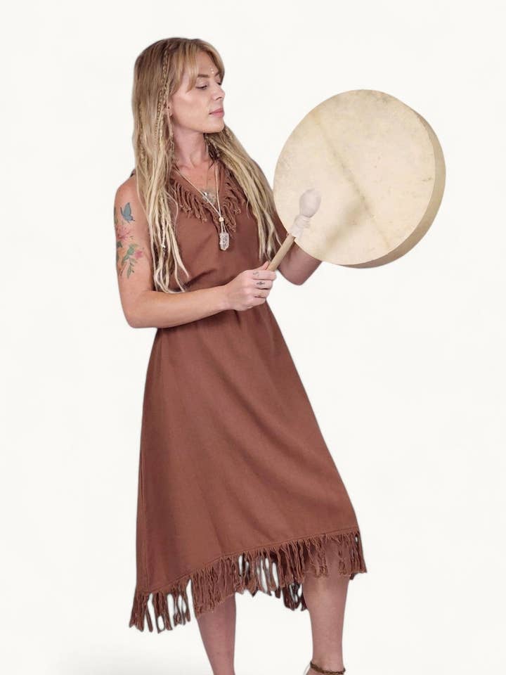 Organic Cotton Terracotta Fringe Dress (Open Back) for wholesale by Sacred Ceremony