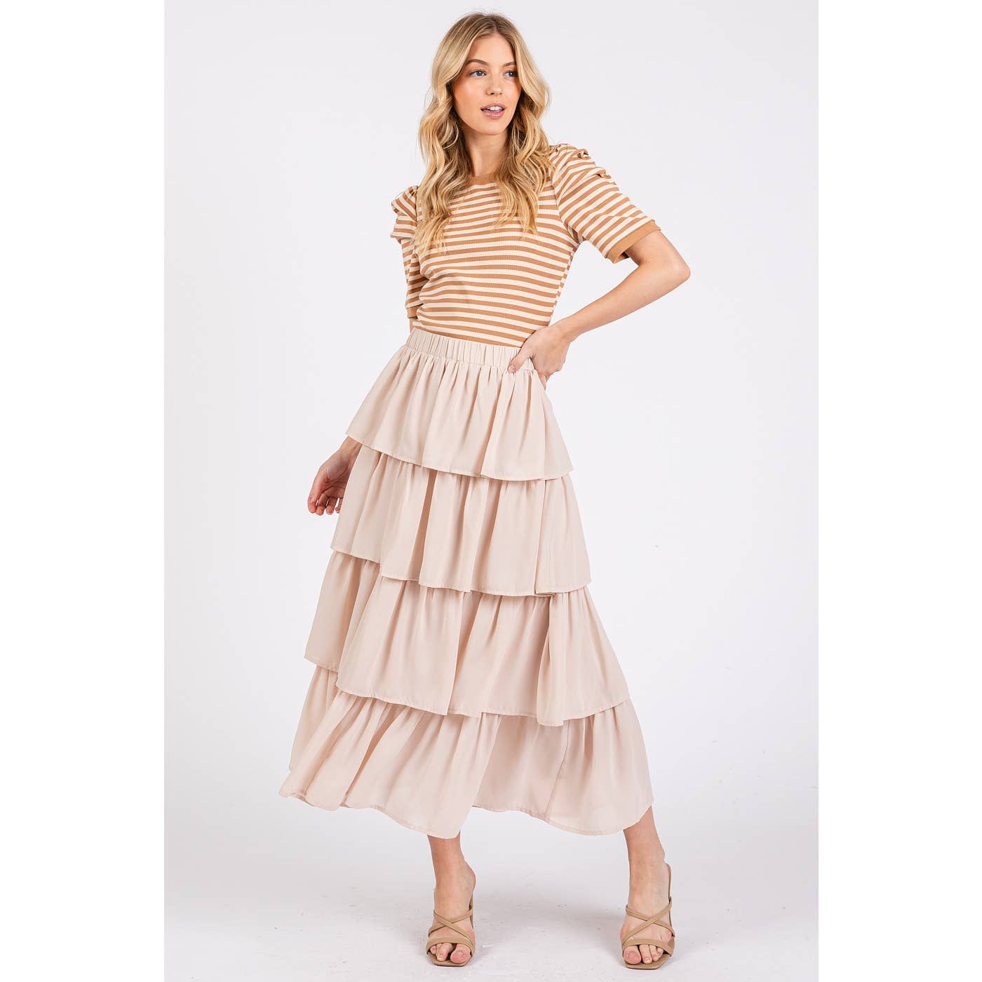 mittoshop – Engroshandel Nederdel - Dame – CHIFFON VOLANT LAGDELT ELASTISK TALJE MIDI NEDERDEL7