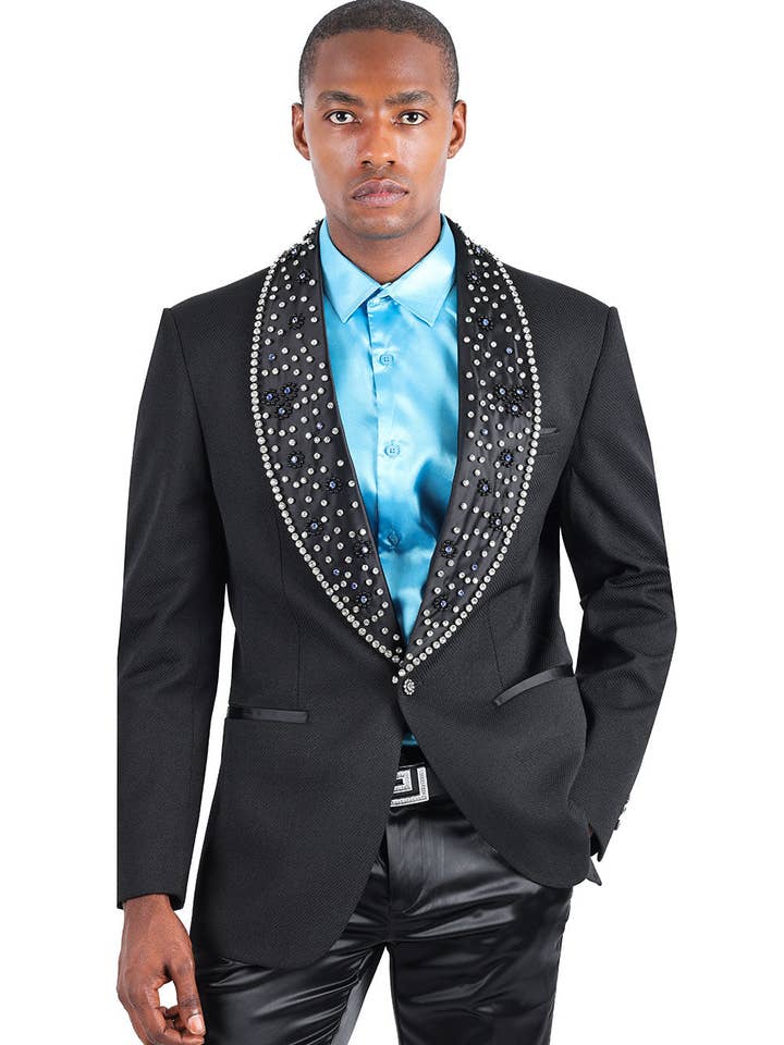 Black Rhinestone Slim-Fit Shawl Lapel Luxury Blazer 2EBL7 for wholesale on Faire