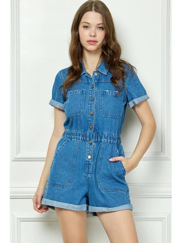 Elastic Waist Band Denim Romper for wholesale by Pink Irene Wholesale