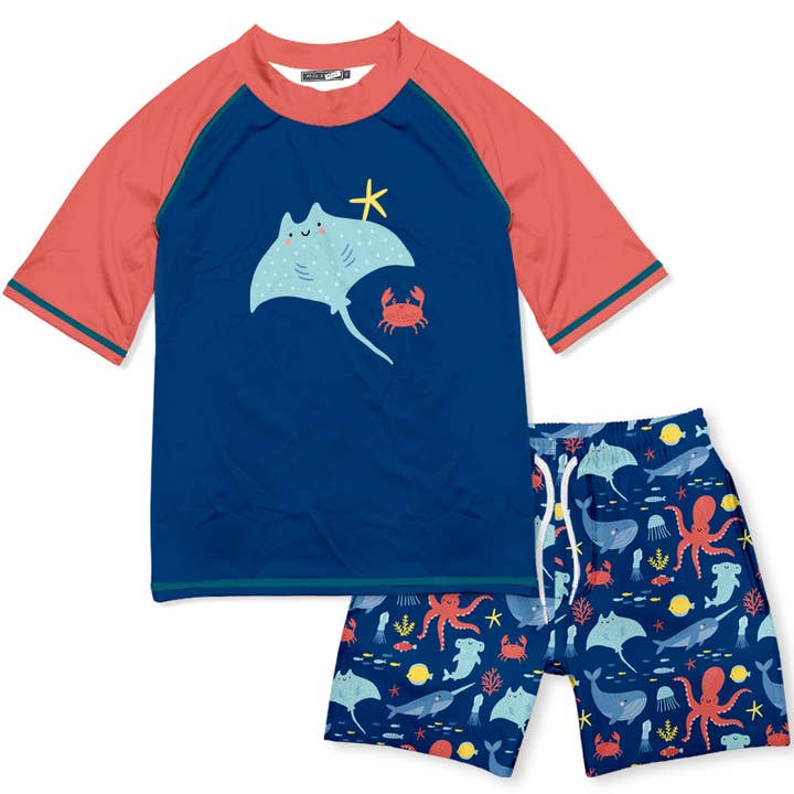 Boys Navy Sea Animals Short-Sleeve Rashguard Swim Set for wholesale by Millie Loves Lily