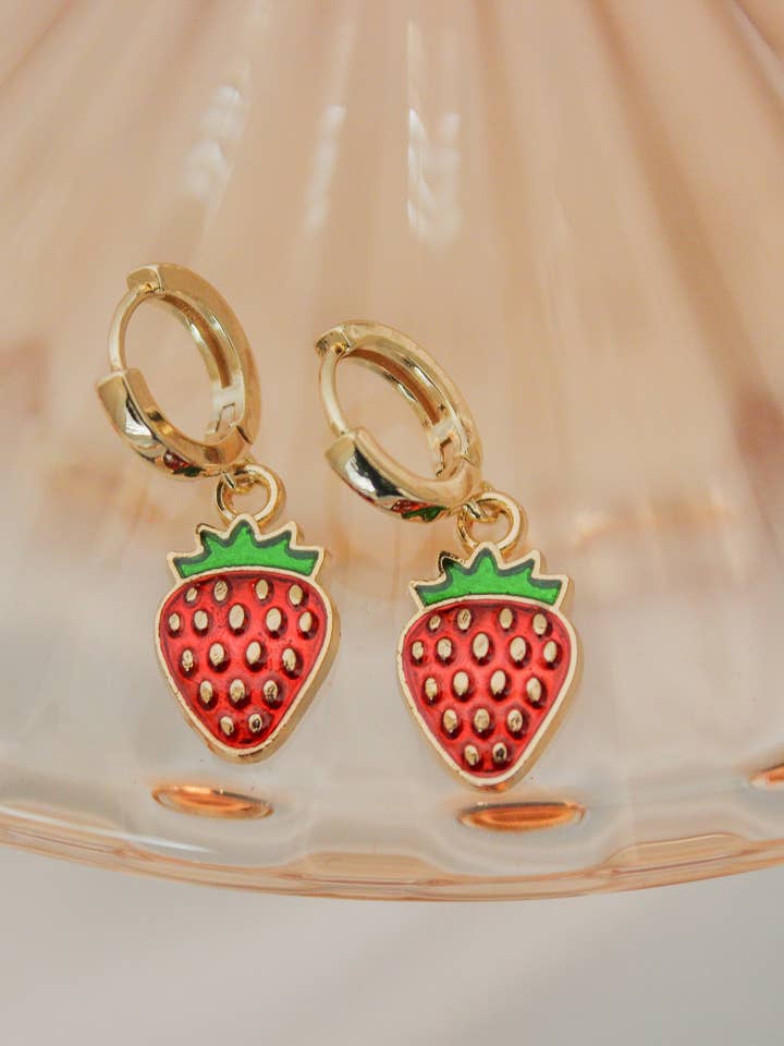 Red Strawberry Huggie Hoops for wholesale by The Golden Girl Co.