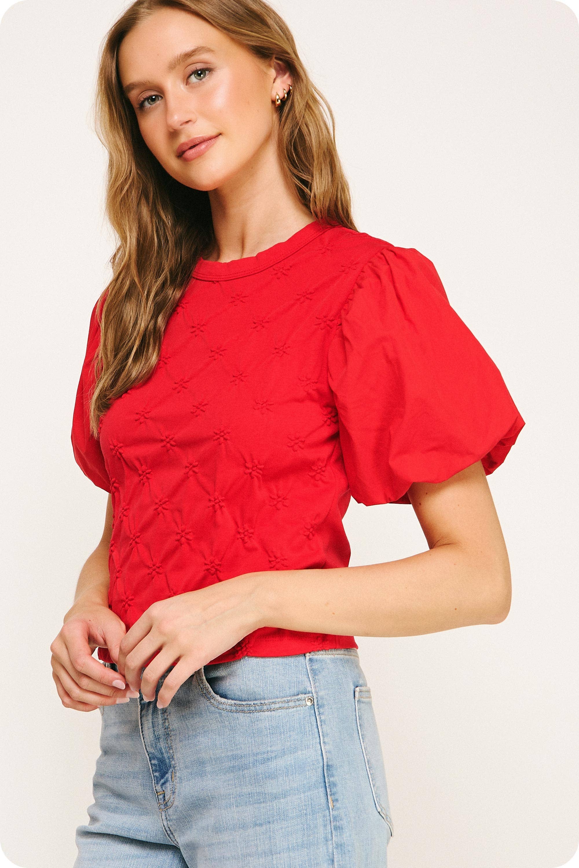 Strut & Bolt - Wholesale Blouse - Women's - Flower Embossed Puff Sleeve Tee Top4