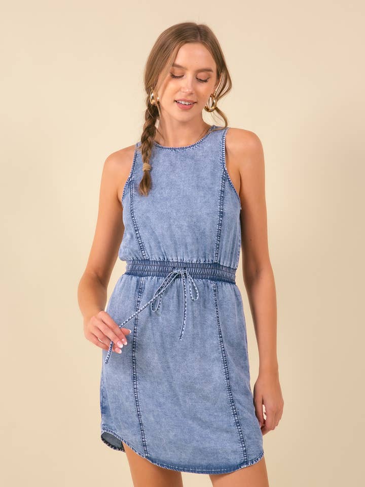 WAIST DRAWSTRING SLEEVELESS DENIM DRESS- 27587D for wholesale by Doe and Rae