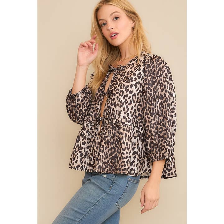 Brown Multi ANIMAL WOVEN PRINT OPEN FRONT BABYDOLL TOP BLOUSE WITH BOW D for wholesale on Faire