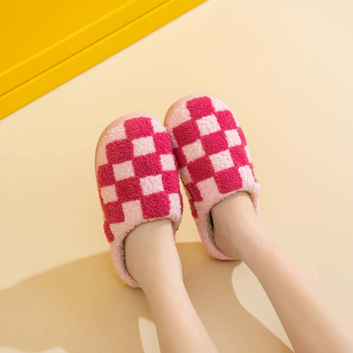 Checker Illustrated Soft Fluffy Comfy Warm House Slipper for wholesale by Shop Lev