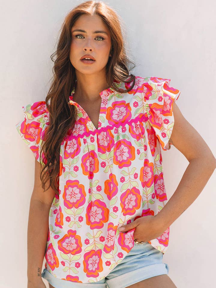 Mikaela Ric-rac Trim Split Neck Loose Blouse for wholesale by Threaded Pear