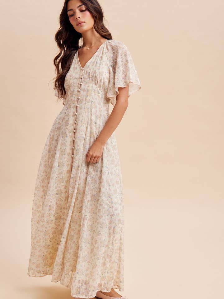 FLOWY FLUTTER SLEEVE BUTTON DOWN MAXI DRESS for wholesale by In Loom