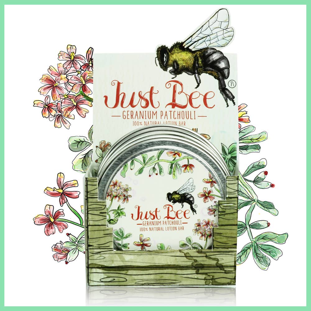 Just Bee - Wholesale Solid Lotion - Patchouli Geranium Lotion Bar - 4 Bar Box Beeswax Lotion1