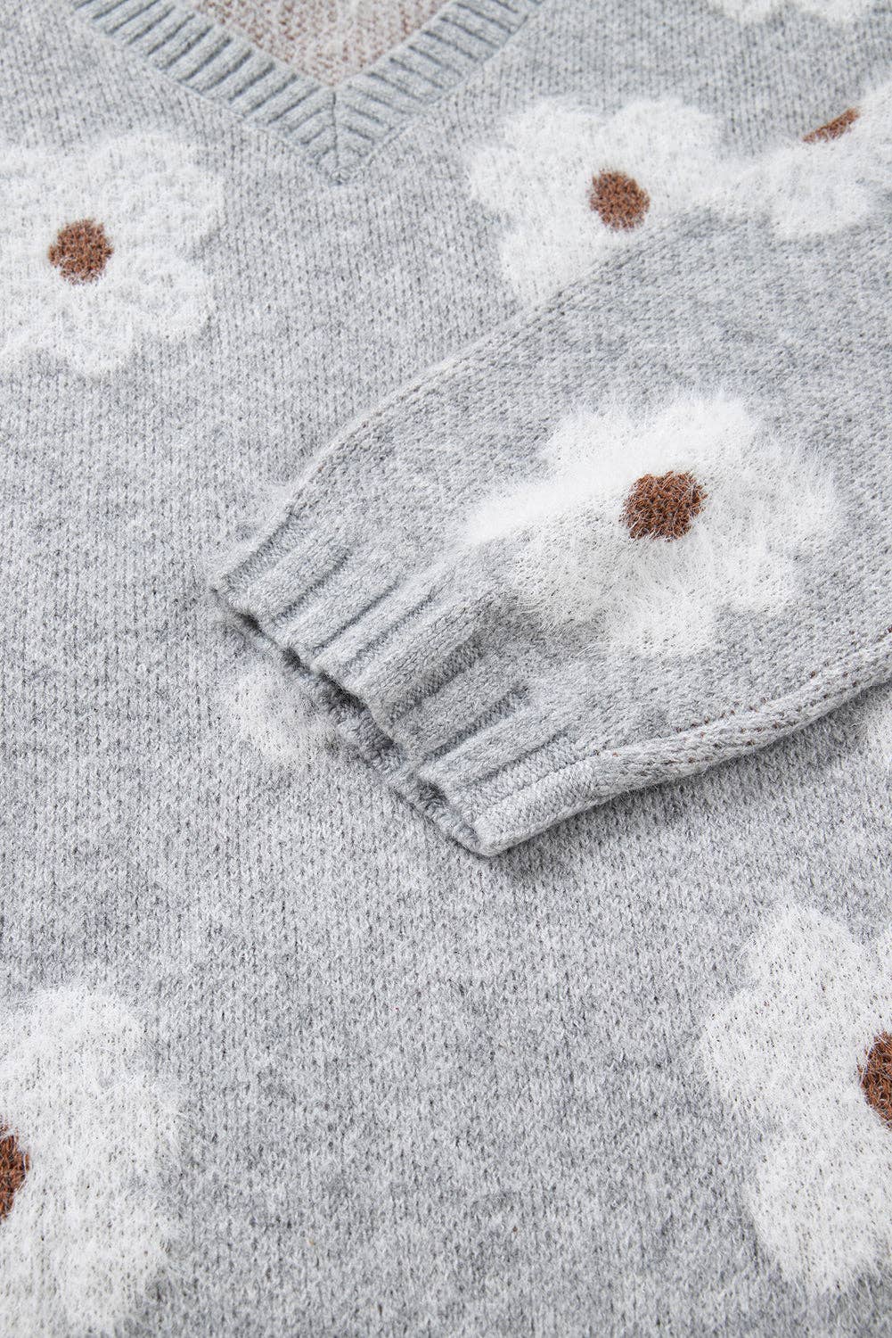 Gray Cute Flower Print V Neck Drop Shoulder Baggy Sweater for wholesale on Faire6