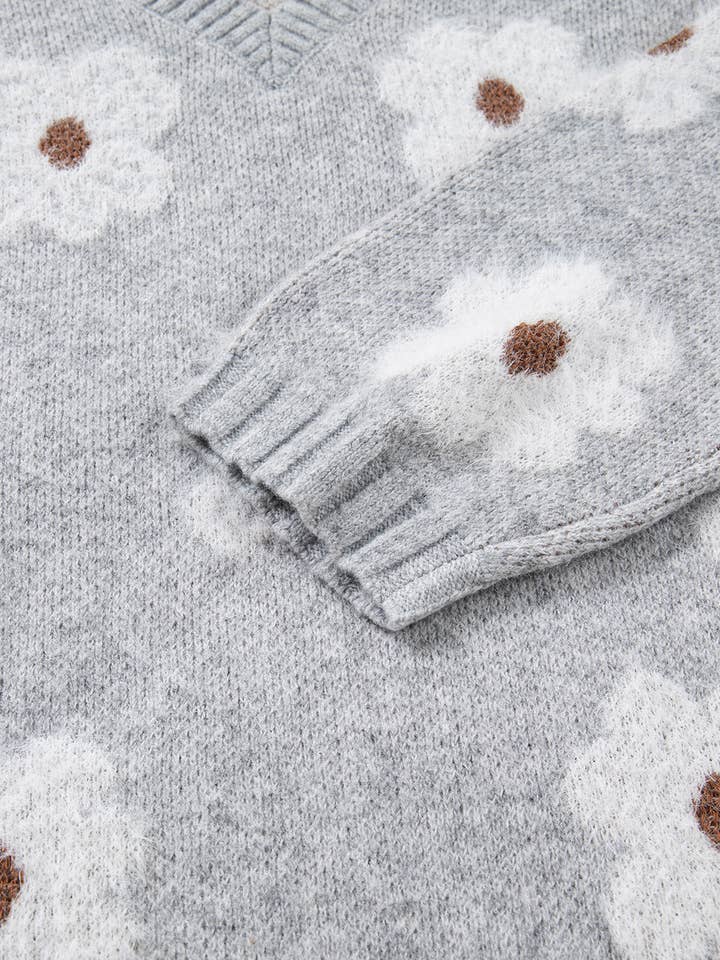 Gray Cute Flower Print V Neck Drop Shoulder Baggy Sweater for wholesale on Faire6