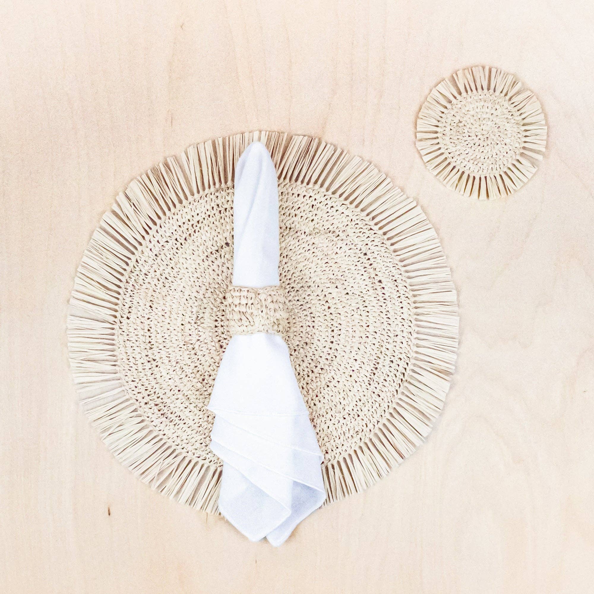 LIKHÂ - Wholesale Coasters - Natural Raffia Round Crochet Coasters with Fringe, set of 43