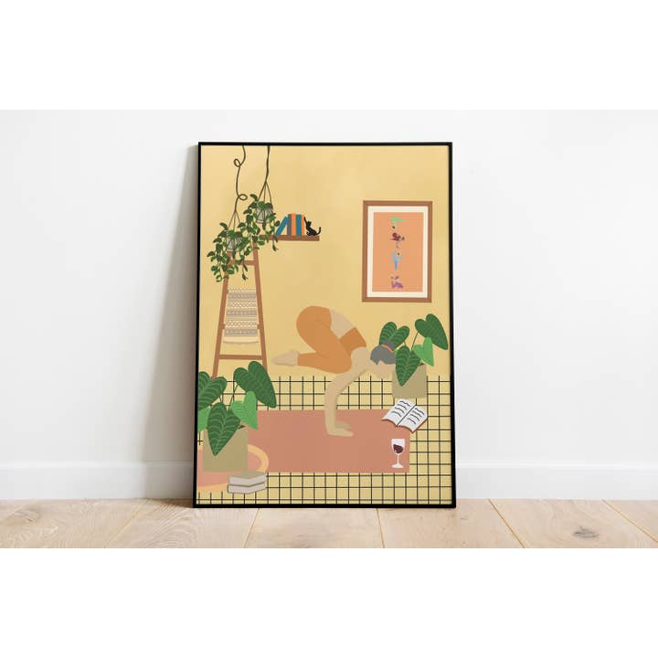 Yoga- und Zimmerpflanzendruck | Digitales Illustrationskunstwerk für den Großhandel von Moody Cow Studio