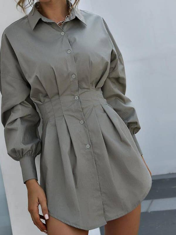 Ladies Gathered Waist Long Sleeve Shirt Dress for wholesale by Blak Wardrob