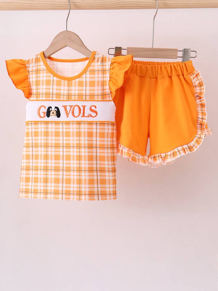 Tennessee Go vols smocked plaid ruffle shorts set for wholesale by Aspen Rain Boutique