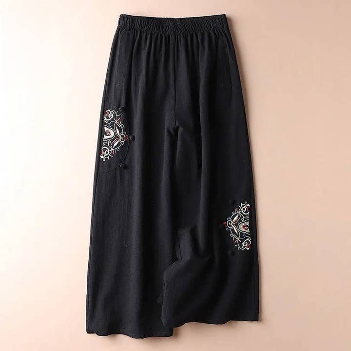 UZ Wholesale Store - Wholesale Pants - Women's - Vintage Embroidered Wide-Leg Cropped Pants
