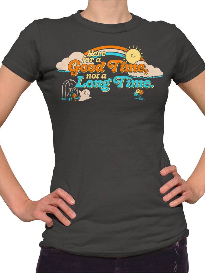 Camiseta feminina Here for a Good Time Not a Long Time por atacado de Boredwalk