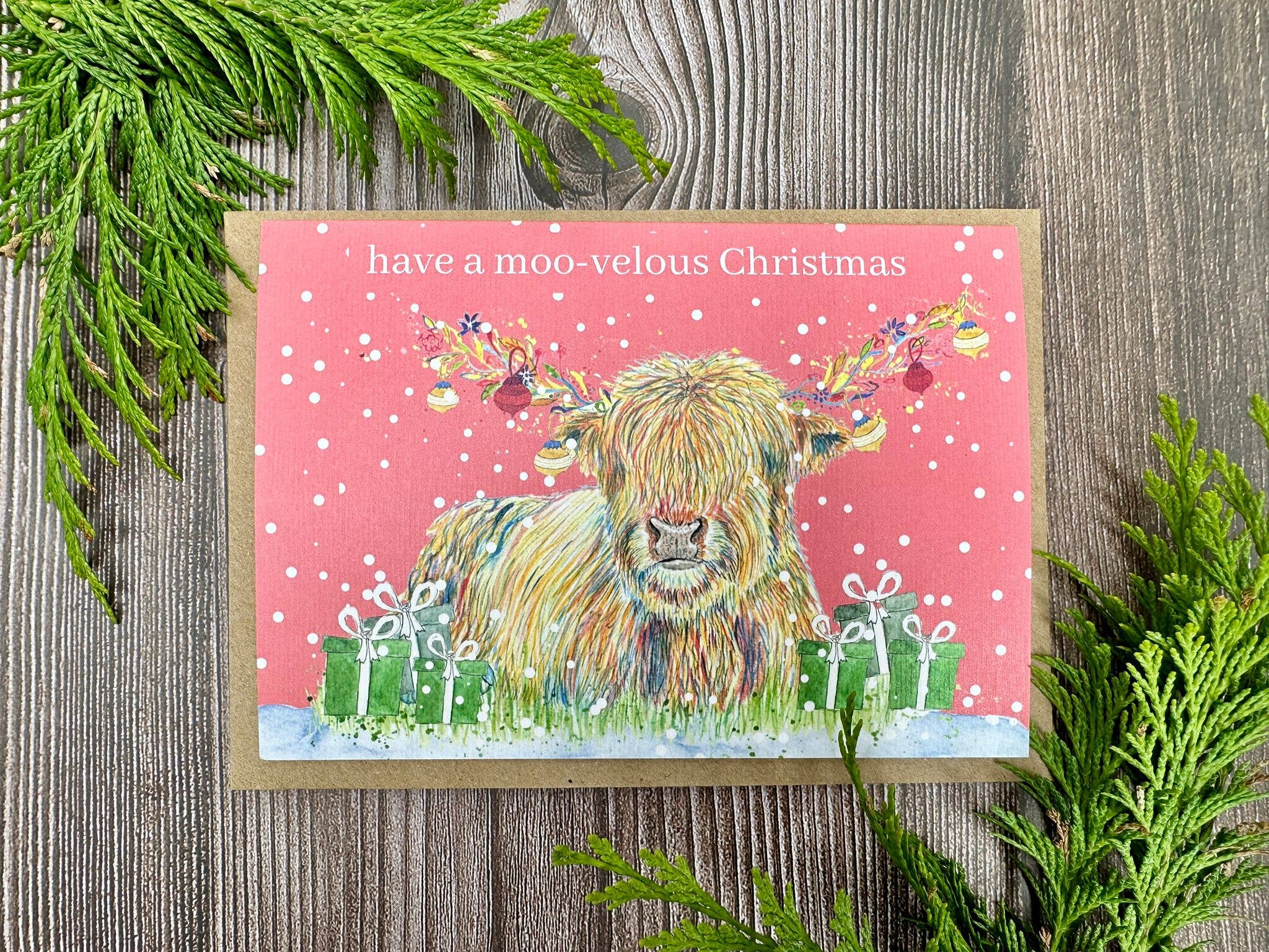 Jen Winnett Eco Artist – wholesale Christmas card – Christmas Highland Cow Eco Friendly Art Card Colourful Funny3