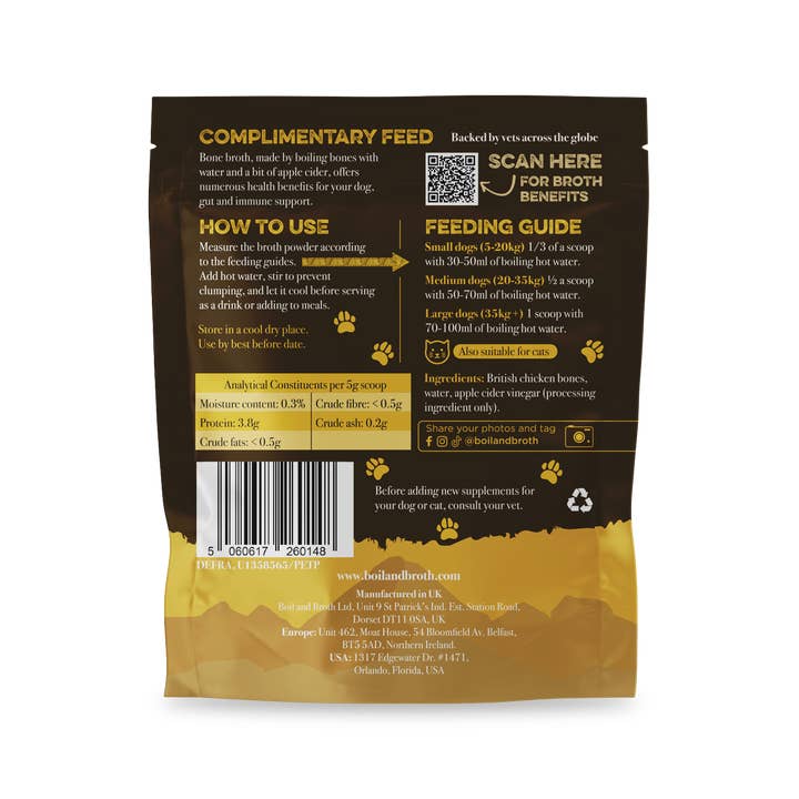 Boil and Broth – Großhandel Tiernahrung – Hund – Hühnerknochenbrühe-Pulver für Hunde 50 g (Freilandhaltung)