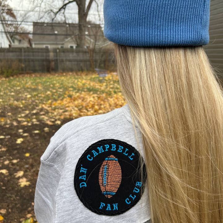 Dan Campbell Fan Club Upcycled fabric football patch for wholesale by Cottage Lvl Chaos