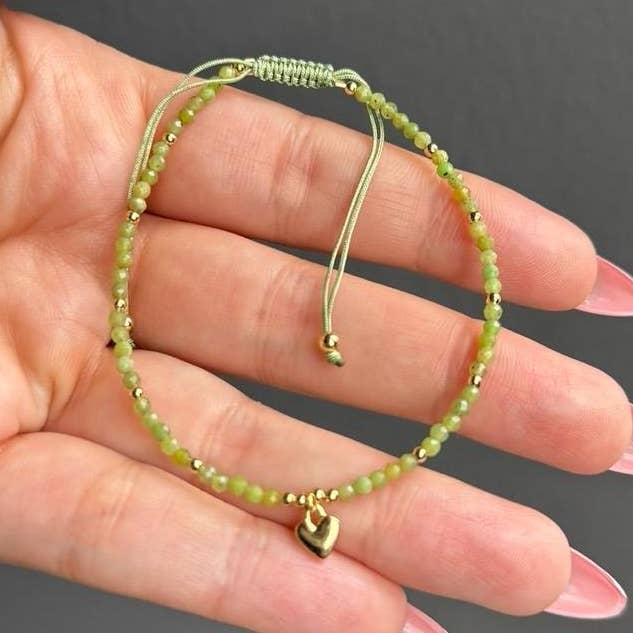 Jade Heart Charm Beaded Adjustable Bracelet for wholesale by Sapphire & Sage