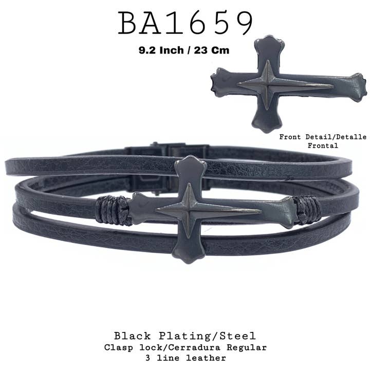 Bracciale in ecopelle nera con croce in acciaio inossidabile per la vendita all'ingrosso da parte di Nisso & Co. NYC Jewelry Wholesale