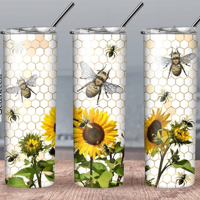 Gobelet de 20 oz avec motif de tournesol et d'abeilles pour la vente par The Branded Monkey