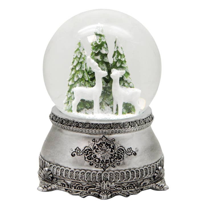 Nostalgic snow globe 2 deer in front of trees on a pewter base for wholesale by Schneekugelhaus