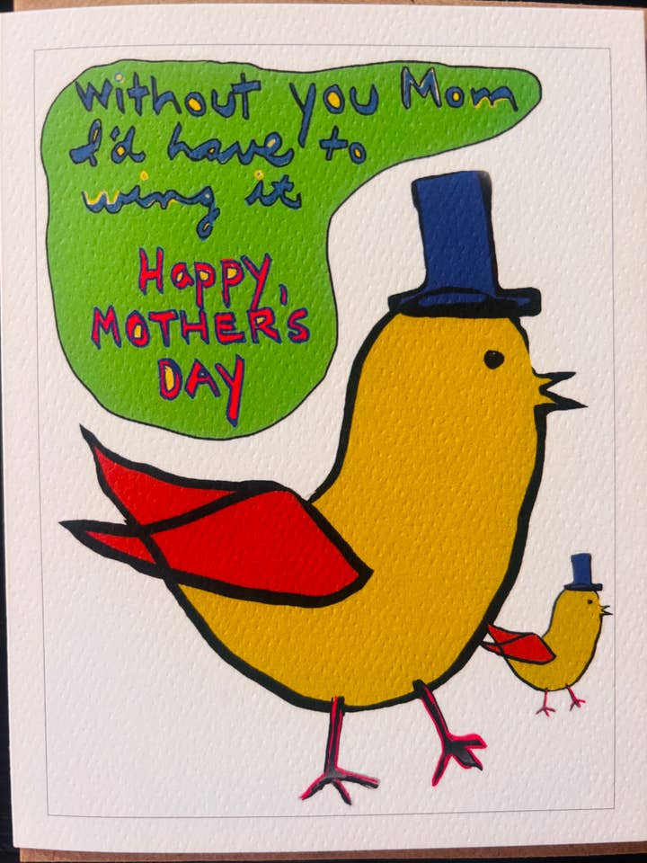 Mom and baby bird in hats funny Mother’s Day pet card for wholesale by Bernie Street Studios