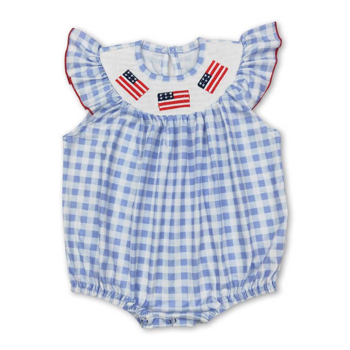 Yawoo Garments - Wholesale Dress - Kids - Light blue plaid flag smocked girls 4th of july dresses