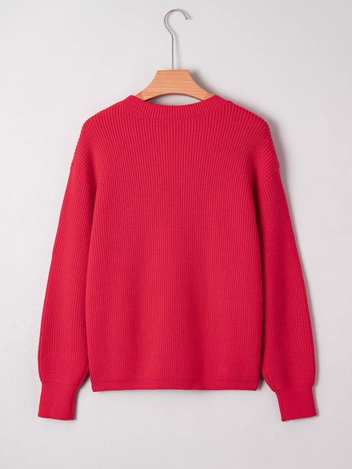 Fiery Red FB Christmas Sequin Bow Drop Shoulder Sweater for wholesale on Faire1