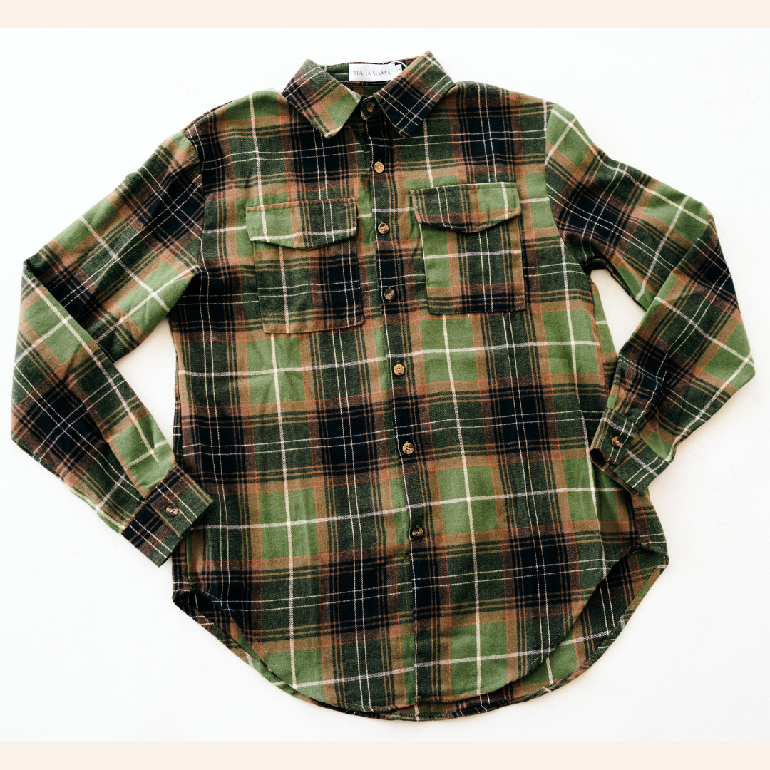 HAHA MAMA Clothing - Wholesale Button Down Shirt - Unisex - Lightweight Green Flannel - Adult1