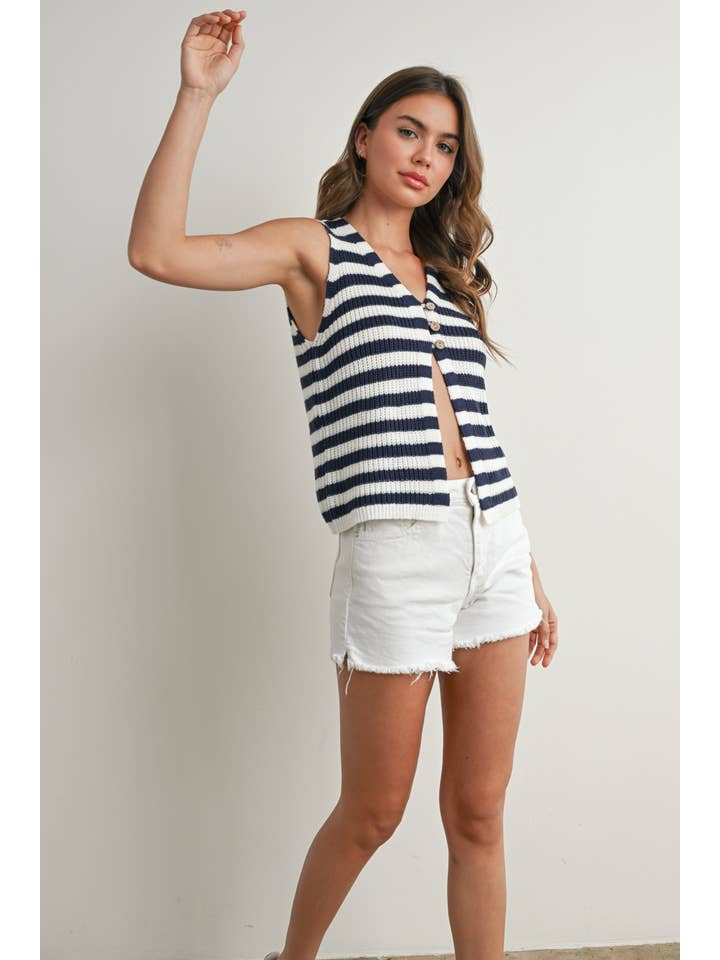 BUTTERMELON - Wholesale Sweater Vest - Women's - Striped Button-Front Sweater Vest - BMW77338
