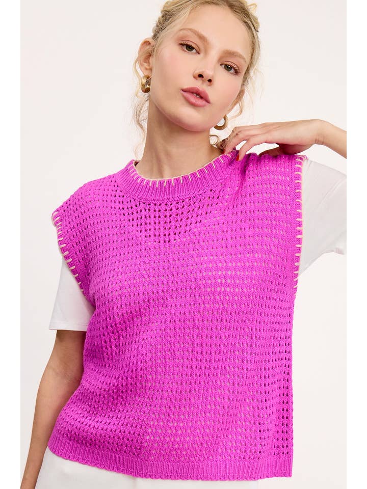 La Miel - Wholesale Sweater Vest - Women's - MDS3597-Crochet Knit Stitching Detailed Sleeveless Top