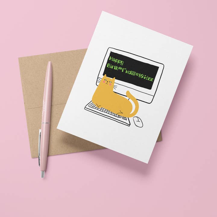Funny Cat on a Keyboard Birthday Card for wholesale by Wee Birdy