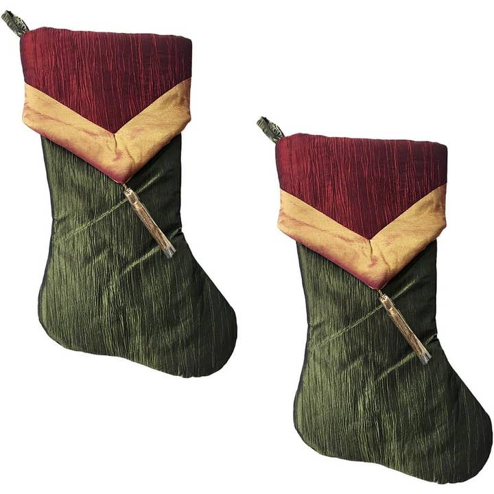 Fennco Styles - Wholesale Holiday Stocking - Set of 2 Two-Tone Crushed Tasseled Christmas Stockings2