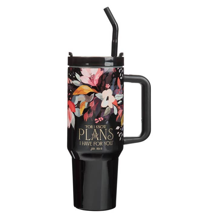 Tumbler w/straw SS Black Jer. 29:11 for wholesale by Christian Art Gifts
