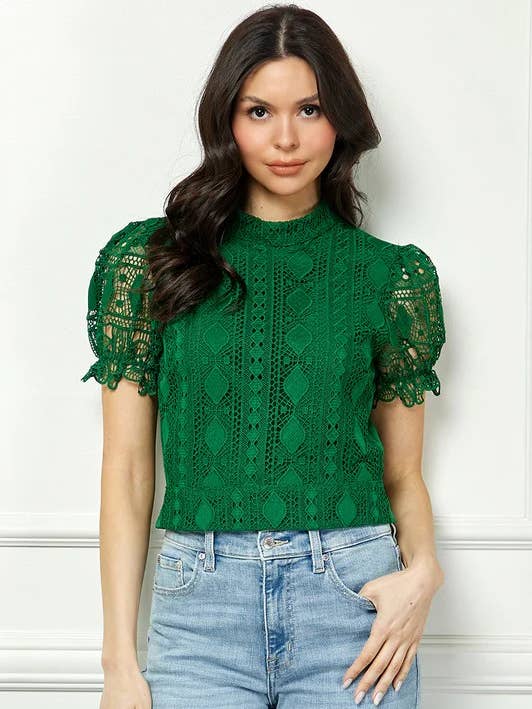 GREEN LACE MOCK NECK SHORT SLEEVES OPEN BACK BLOUSE TOP AVT1 for wholesale by Stylish Wholesale