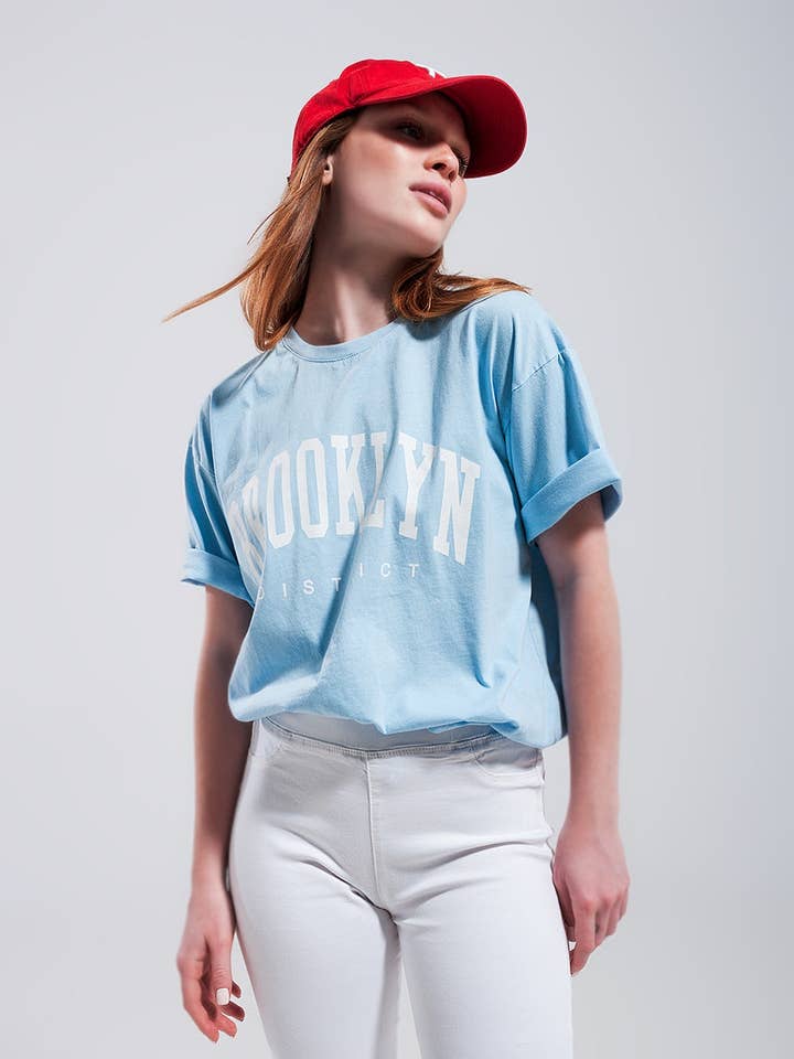 Brooklyn t shirt in blue for wholesale by Q2—All Orders:Free Duties for the US,UK,and Canada