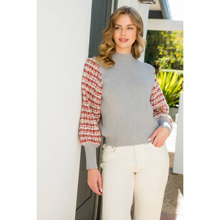 GRAY Mixed Media Knit Sweater for wholesale on Faire