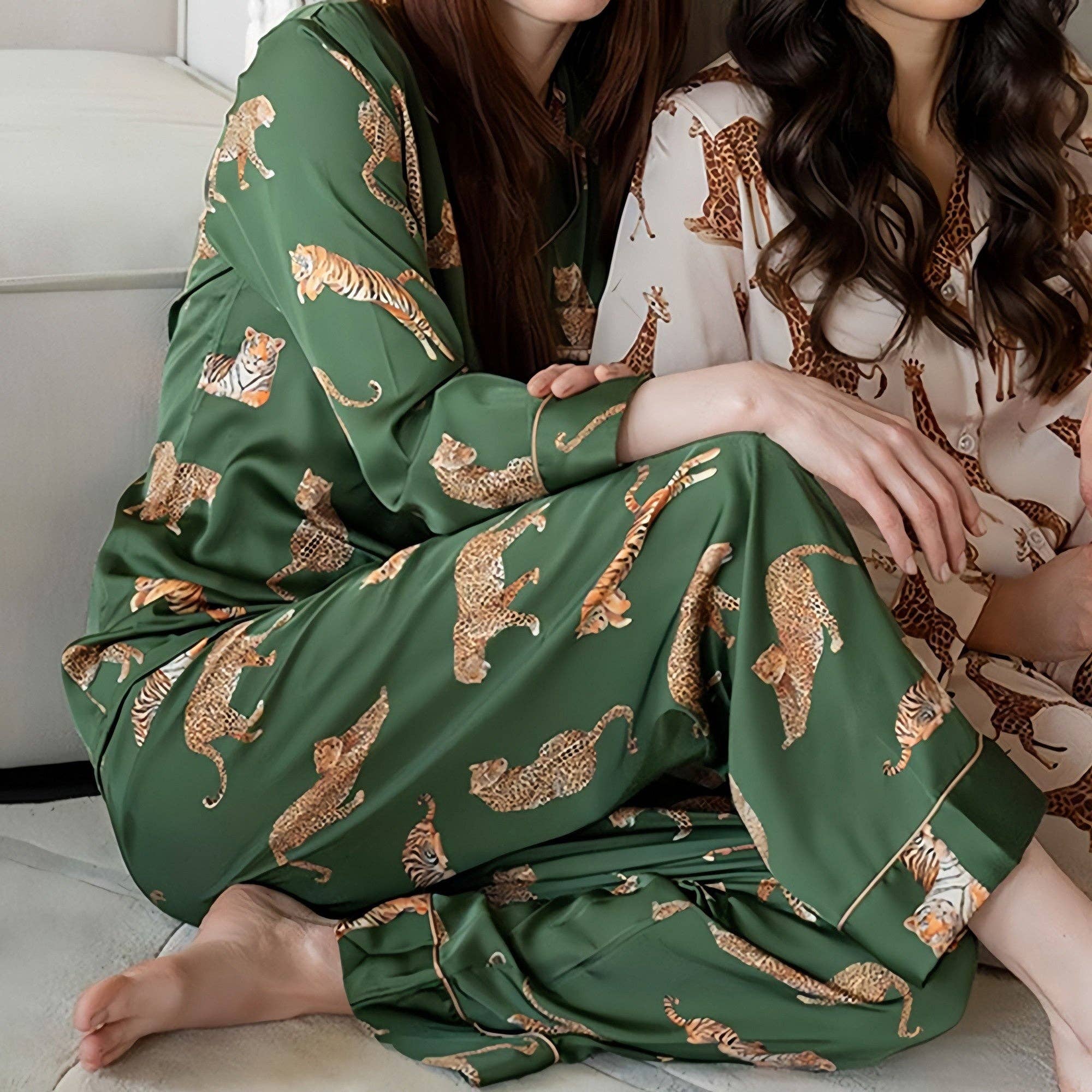 Olivgrün grün Langärmliges Pyjama-Set mit Knopfleiste, Tiger-Print und Sat für den Großhandel auf Faire2