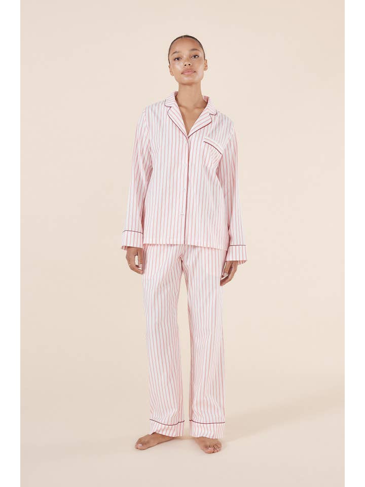 Cotton Stripe Pyjama Set - Octavia Burgundy for wholesale on Faire