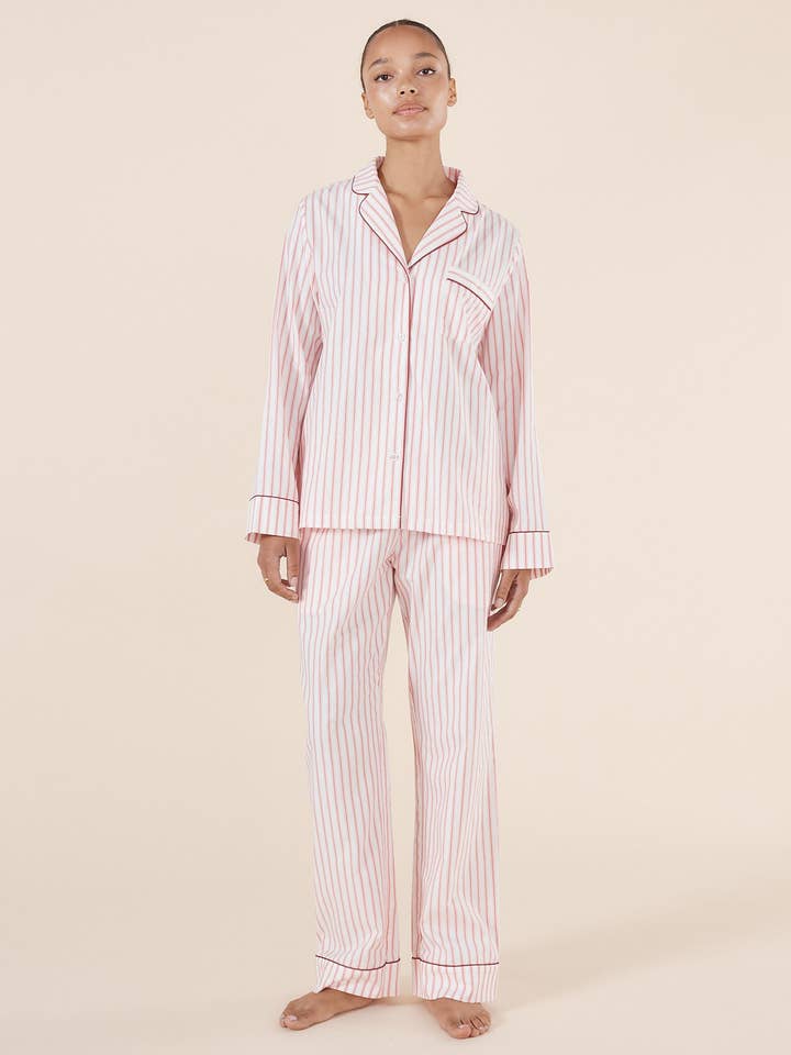 Cotton Stripe Pyjama Set - Octavia Burgundy for wholesale by Gingerlilly