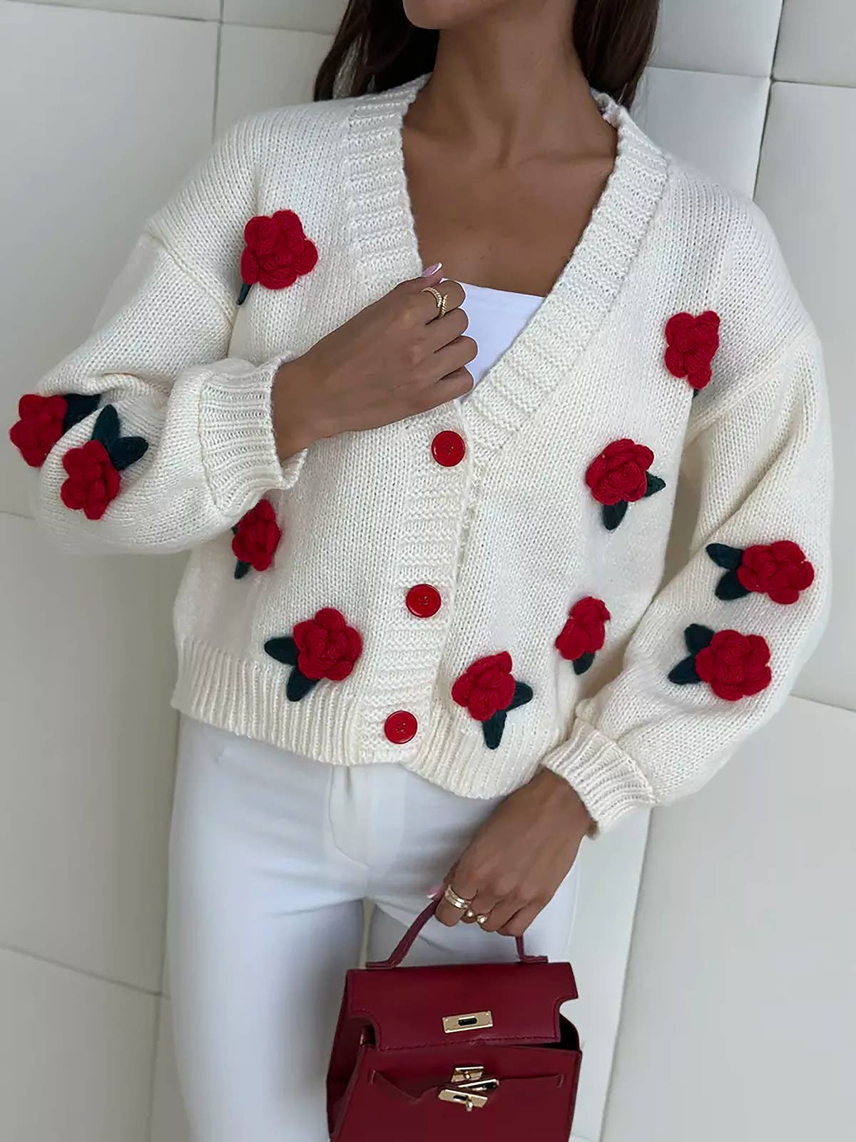 Rosa Clothing - Vente Cardigan – femme - joli cardigan en tricot à fleurs 3D avec petite boule de rose9
