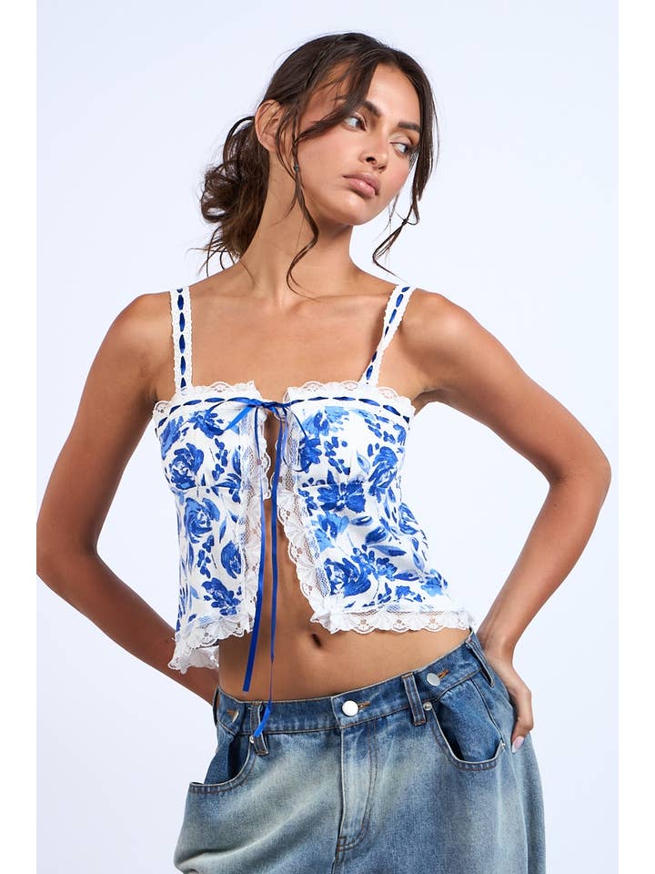 NAVY FLORAL FRONT HOOK&EYES CAMI CROP TOP for wholesale on Faire